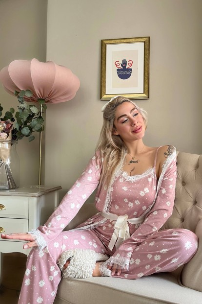 Pembe Papatya Desenli Sabahlıklı Pegasus Pijama Takımı - 2