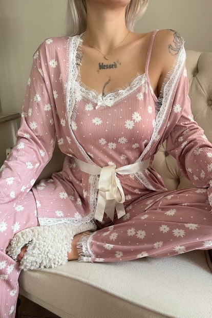 Pembe Papatya Desenli Sabahlıklı Pegasus Pijama Takımı - 4