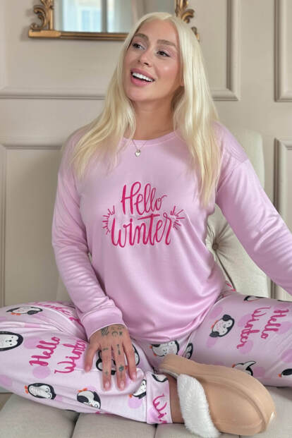 Pembe Penguen Winter Desenli Termal Kadın Pijama Takımı 
