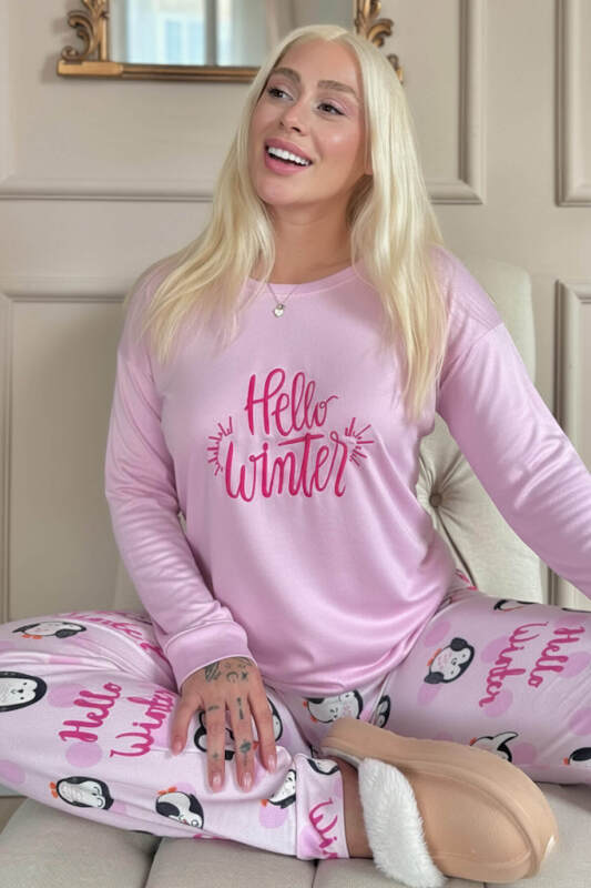 Pembe Penguen Winter Desenli Termal Kadın Pijama Takımı - Pijamaevi