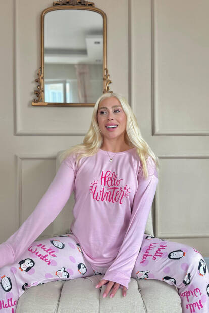 Pembe Penguen Winter Desenli Termal Kadın Pijama Takımı - 2