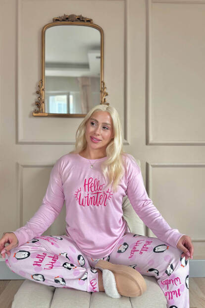 Pembe Penguen Winter Desenli Termal Kadın Pijama Takımı - 3