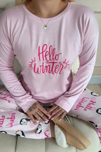 Pembe Penguen Winter Desenli Termal Kadın Pijama Takımı - 5