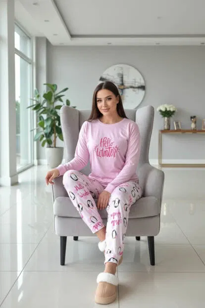 Pembe Penguen Winter Desenli Termal Kadın Pijama Takımı - 3
