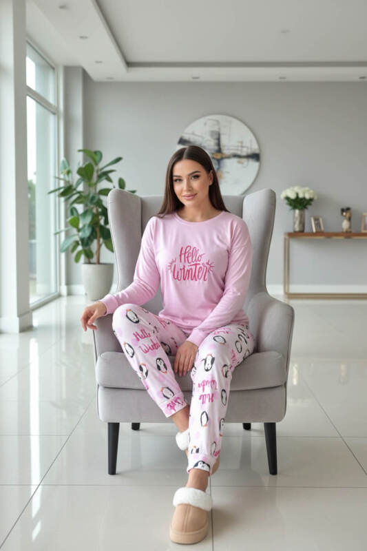 Pembe Penguen Winter Desenli Termal Kadın Pijama Takımı - Pijamaevi (2)