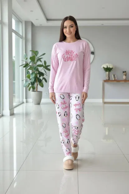Pembe Penguen Winter Desenli Termal Kadın Pijama Takımı - 5