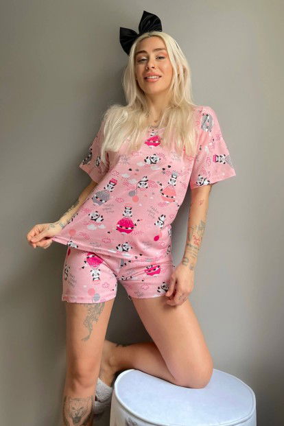 Pembe Play Panda Baskılı Şortlu Kadın Pijama Takımı - 1