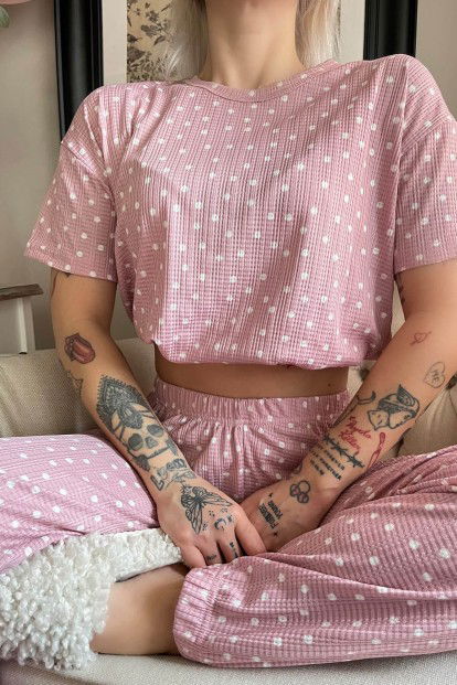 Pembe Point Desenli Örme Crop Kısa Kol Kadın Pijama Takımı - 4
