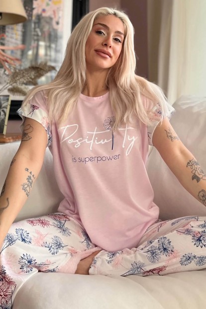 Pembe Positivity Baskılı Örme Kısa Kol Kadın Pijama Takımı - 1