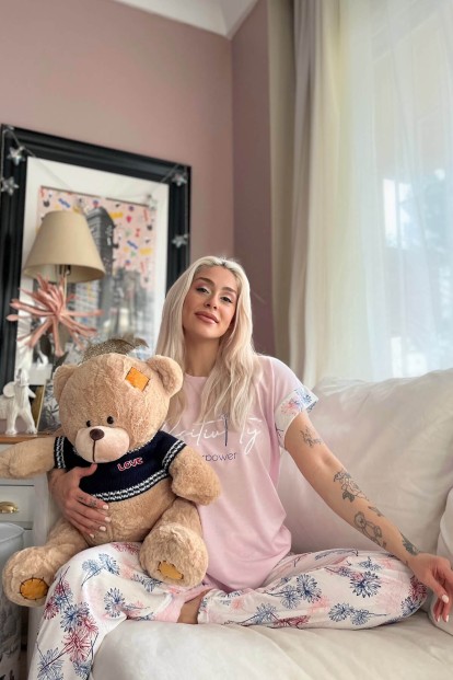 Pembe Positivity Baskılı Örme Kısa Kol Kadın Pijama Takımı - 2