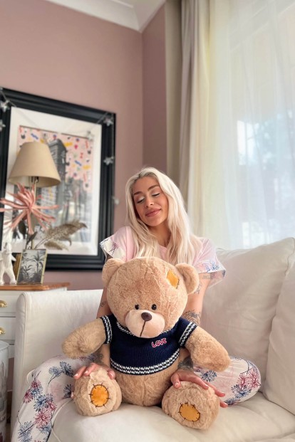 Pembe Positivity Baskılı Örme Kısa Kol Kadın Pijama Takımı - 3