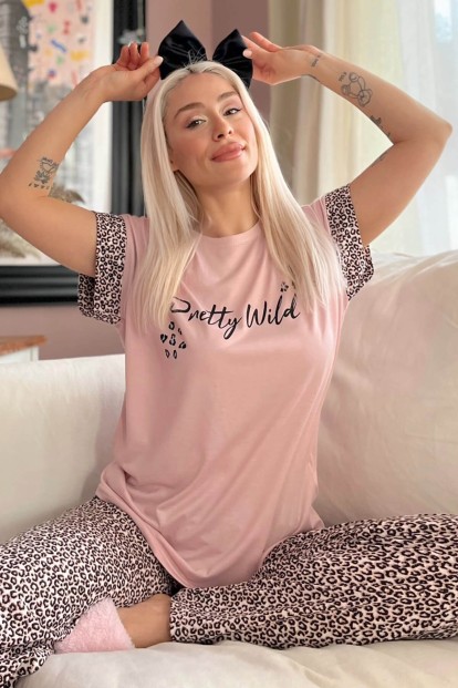 Pembe Pretty Wild Baskılı Örme Kısa Kol Kadın Pijama Takımı - 1