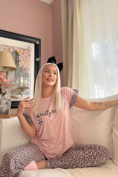 Pembe Pretty Wild Baskılı Örme Kısa Kol Kadın Pijama Takımı - 2
