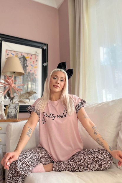 Pembe Pretty Wild Baskılı Örme Kısa Kol Kadın Pijama Takımı - 3