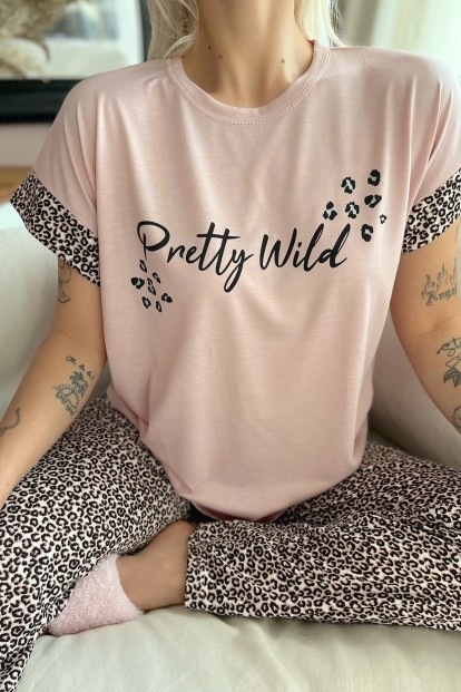 Pembe Pretty Wild Baskılı Örme Kısa Kol Kadın Pijama Takımı - 4