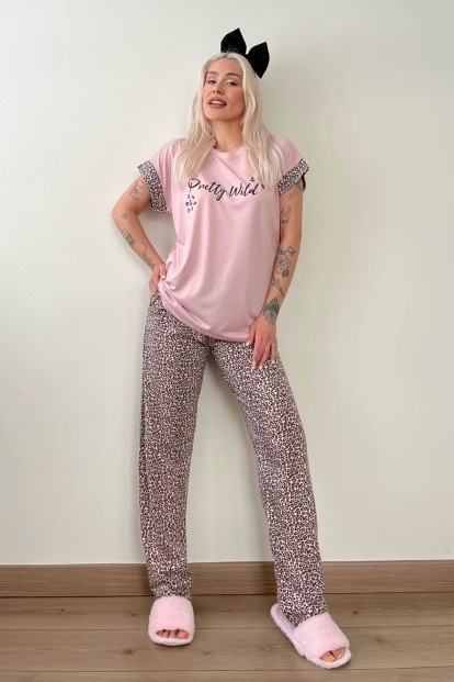 Pembe Pretty Wild Baskılı Örme Kısa Kol Kadın Pijama Takımı - 5