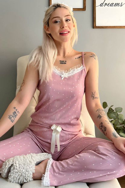 Pembe Puan Papatya Dantelli İp Askılı Örme Kadın Pijama Takımı - 1