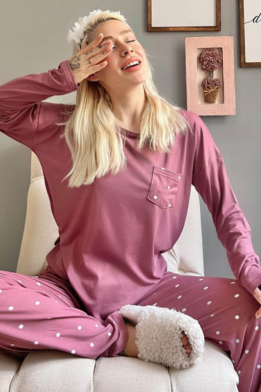 Pembe Puantiye Desenli Bambu Uzun Kol Kadın Pijama Takımı - Pijamaevi
