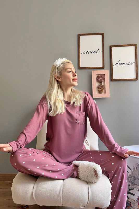 Pembe Puantiye Desenli Bambu Uzun Kol Kadın Pijama Takımı - Pijamaevi (1)