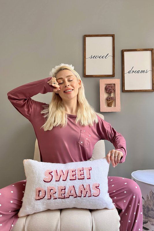 Pembe Puantiye Desenli Bambu Uzun Kol Kadın Pijama Takımı - Pijamaevi (2)