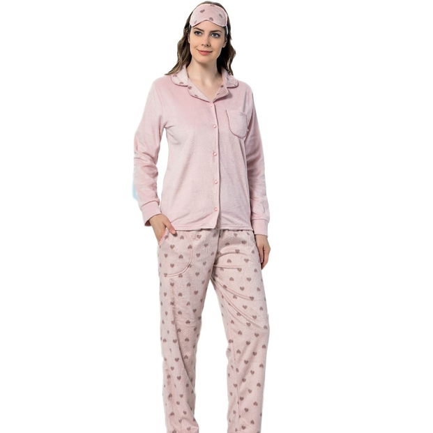 Pembe Puantiyeli Kadın Önden Düğmeli Yumoş Peluş Pijama Takımı - 1