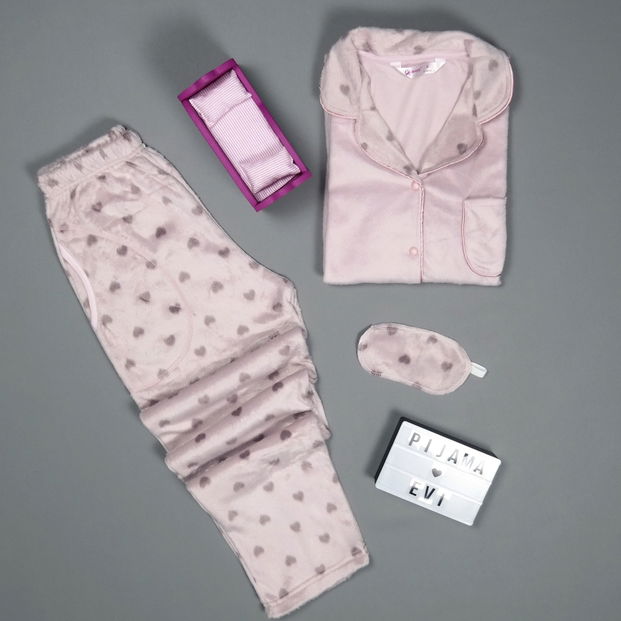 Pembe Puantiyeli Kadın Önden Düğmeli Yumoş Peluş Pijama Takımı - 2