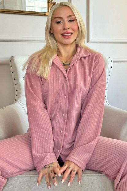 Pembe Punt Desenli Önden Düğmeli Peluş Polar Pijama Takımı - 7