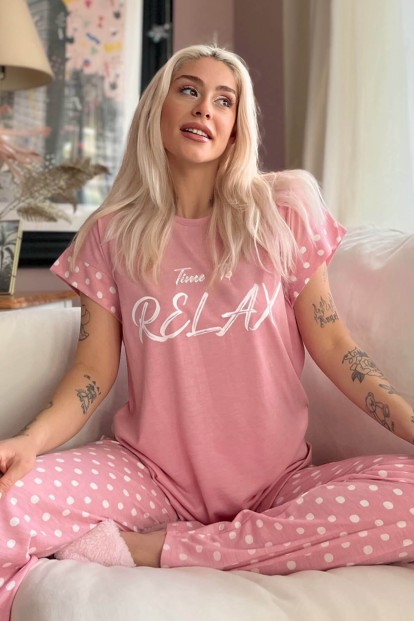 Pembe Relax Baskılı Örme Kısa Kol Kadın Pijama Takımı - 1