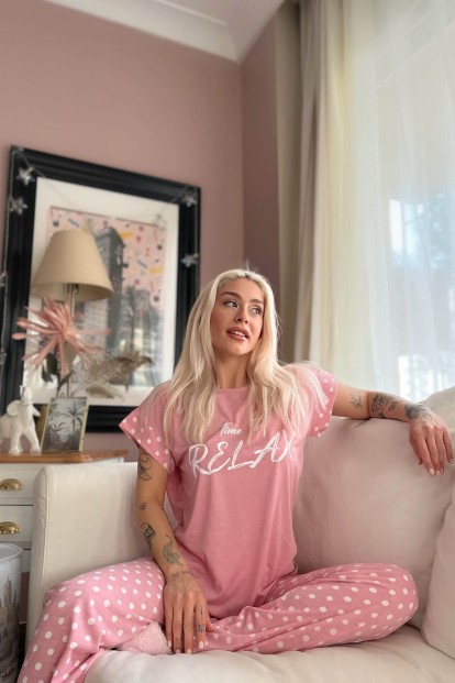 Pembe Relax Baskılı Örme Kısa Kol Kadın Pijama Takımı - 2