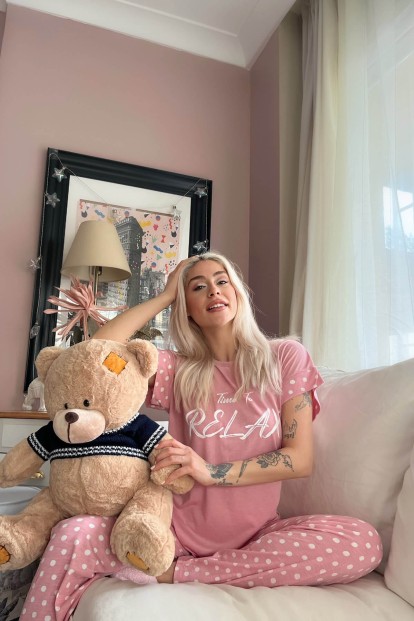 Pembe Relax Baskılı Örme Kısa Kol Kadın Pijama Takımı - 3