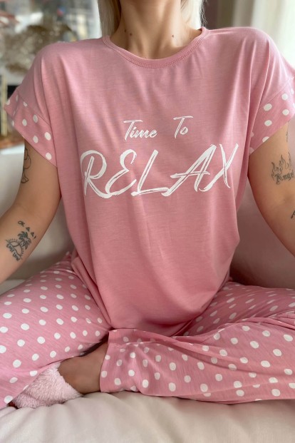 Pembe Relax Baskılı Örme Kısa Kol Kadın Pijama Takımı - 4