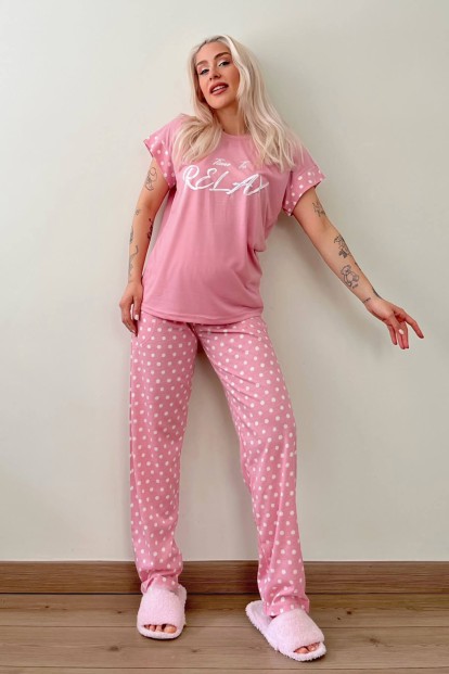 Pembe Relax Baskılı Örme Kısa Kol Kadın Pijama Takımı - 5