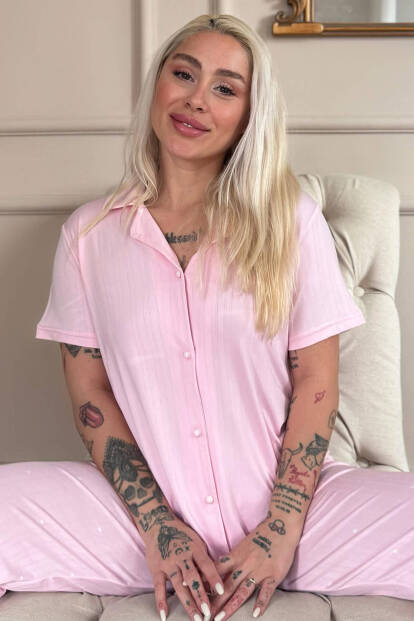 Pembe Reve Rose Desenli Önden Düğmeli Marlenka Pijama Takımı 
