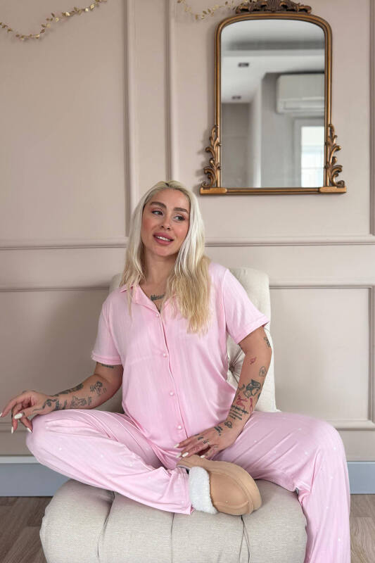 Pembe Reve Rose Desenli Önden Düğmeli Marlenka Pijama Takımı - Pijamaevi (1)