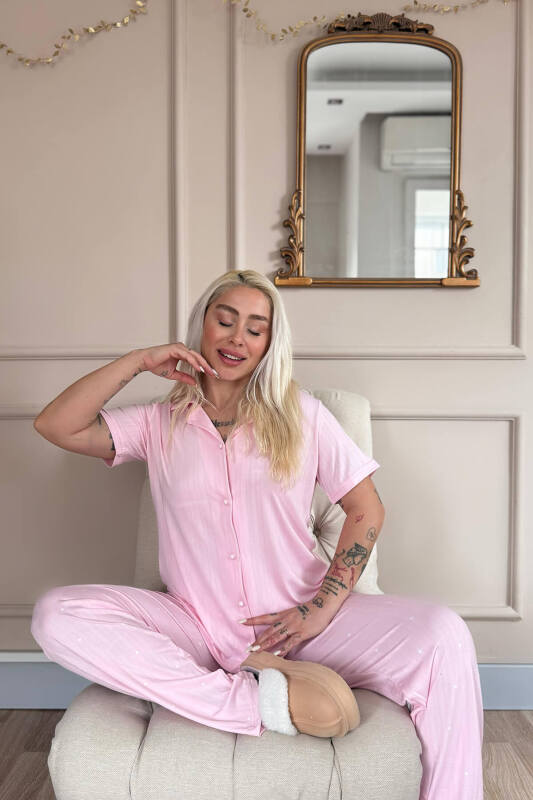 Pembe Reve Rose Desenli Önden Düğmeli Marlenka Pijama Takımı - Pijamaevi (2)