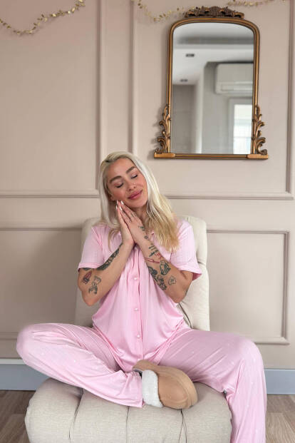 Pembe Reve Rose Desenli Önden Düğmeli Marlenka Pijama Takımı - 4