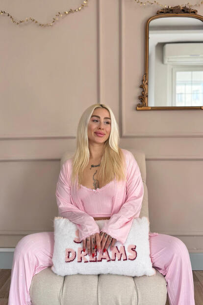 Pembe Reve Rose Desenli Sabahlıklı Marlenka Pijama Takımı - 3