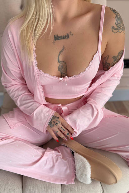 Pembe Reve Rose Desenli Sabahlıklı Marlenka Pijama Takımı - 6