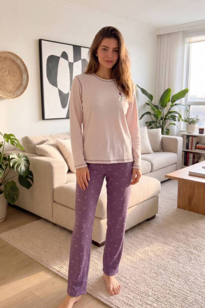 Pembe Roos Desenli Waffle Soft Uzun Kollu Kadın Pijama Takım - 6