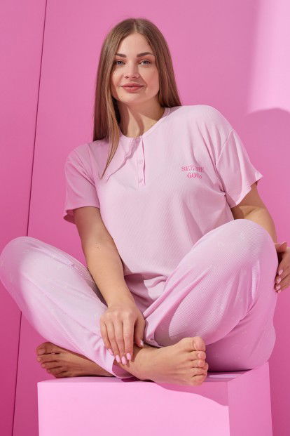 Pembe See The Good Baskılı Kısa Kollu Büyük Beden Battal Pijama - 2