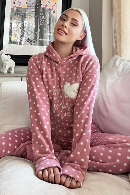 Pembe She İs Magic Desenli Kapşonlu Peluş Polar Pijama Takımı - 1