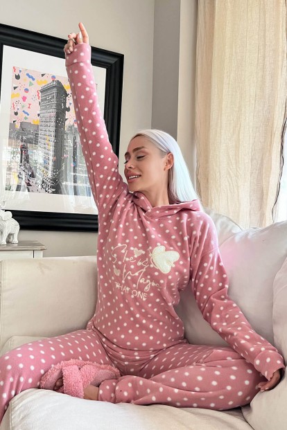 Pembe She İs Magic Desenli Kapşonlu Peluş Polar Pijama Takımı - 2