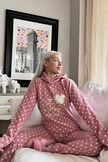 Pembe She İs Magic Desenli Kapşonlu Peluş Polar Pijama Takımı - 3