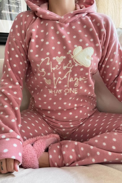 Pembe She İs Magic Desenli Kapşonlu Peluş Polar Pijama Takımı - 4