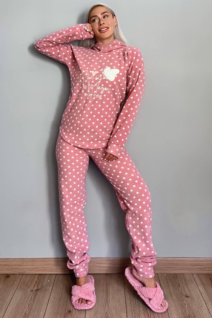 Pembe She İs Magic Desenli Kapşonlu Peluş Polar Pijama Takımı - 5