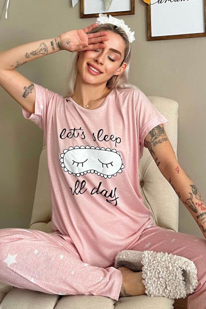 Pembe Sleep Baskılı Örme Kısa Kollu Kadın Pijama Takımı - 1