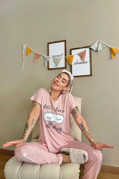 Pembe Sleep Baskılı Örme Kısa Kollu Kadın Pijama Takımı - 2