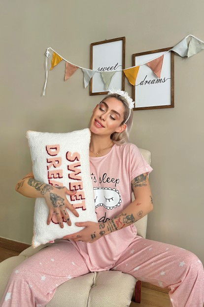 Pembe Sleep Baskılı Örme Kısa Kollu Kadın Pijama Takımı - 3