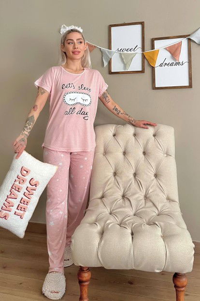 Pembe Sleep Baskılı Örme Kısa Kollu Kadın Pijama Takımı - 5