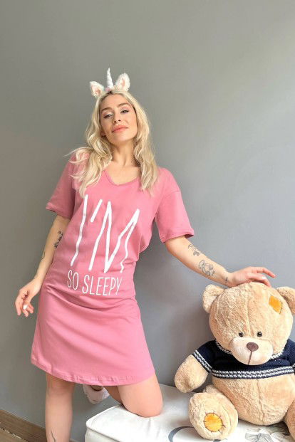 Pembe Sleepy Baskılı Kadın Gecelik - 2